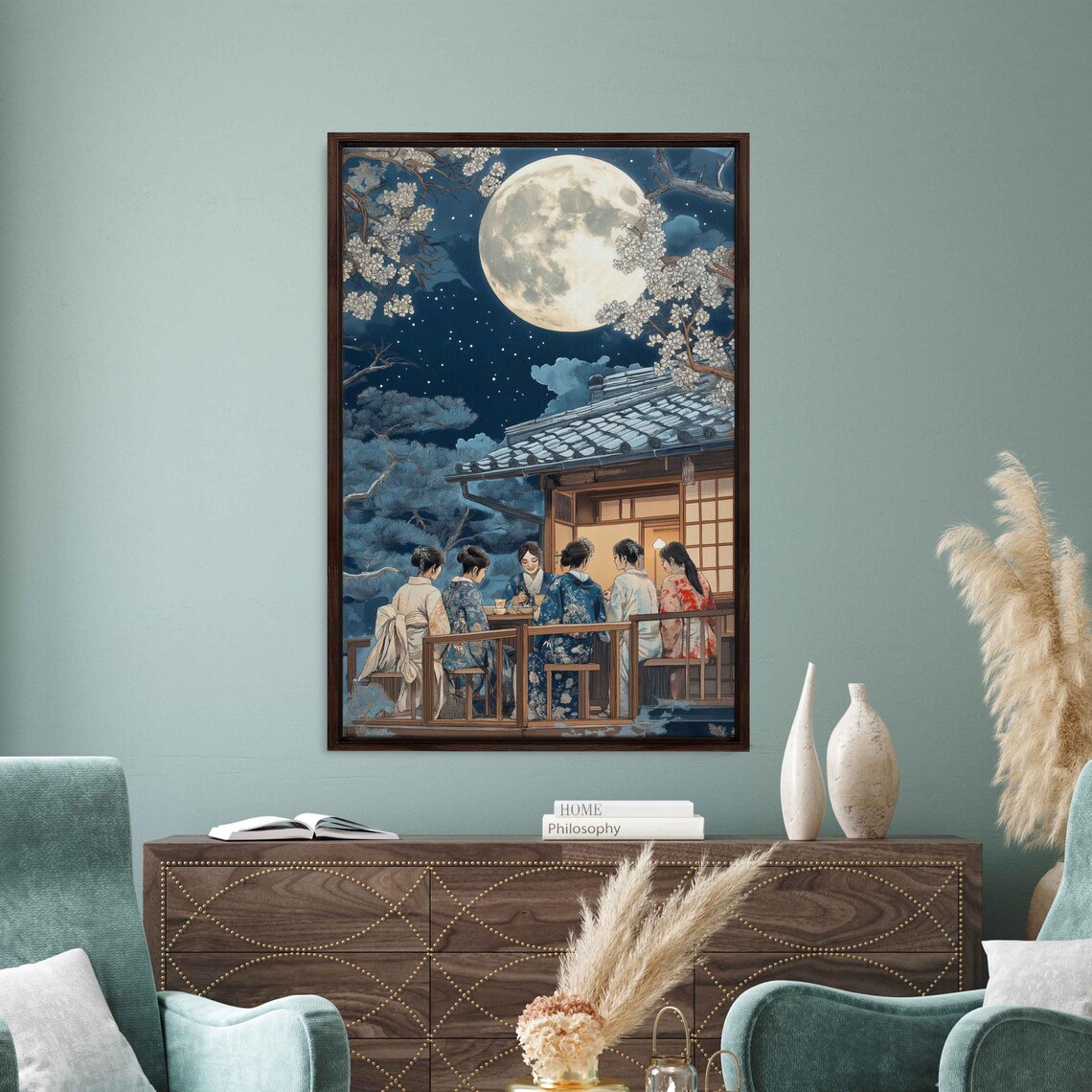 Ukiyo-E Women Enjoying Moonlit Teahouse Gathering