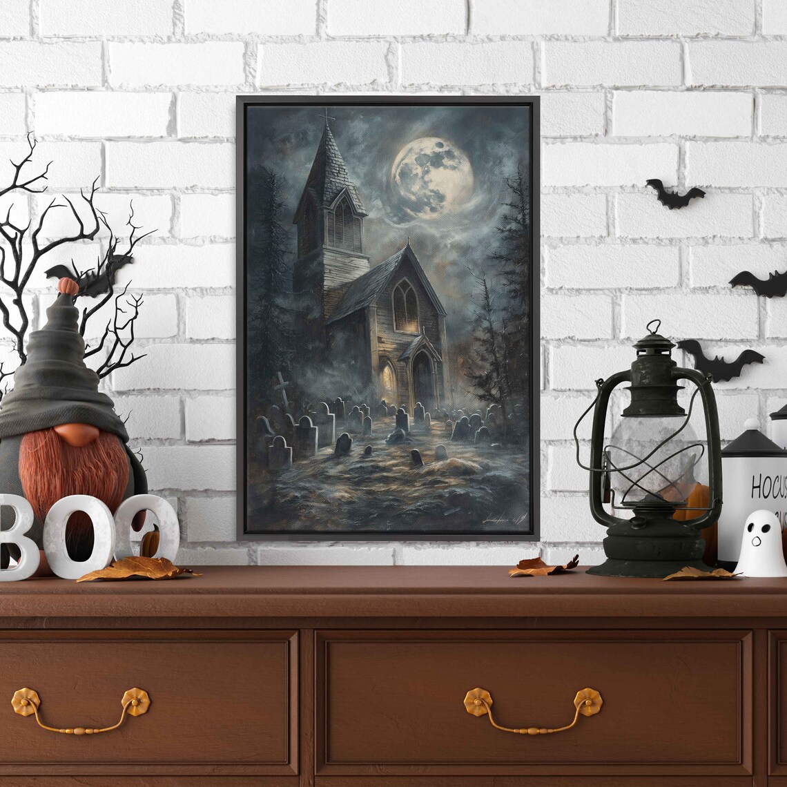 Haunted Church Foggy Graveyard Moonlit Night Eerie Halloween Art Print - Image 3