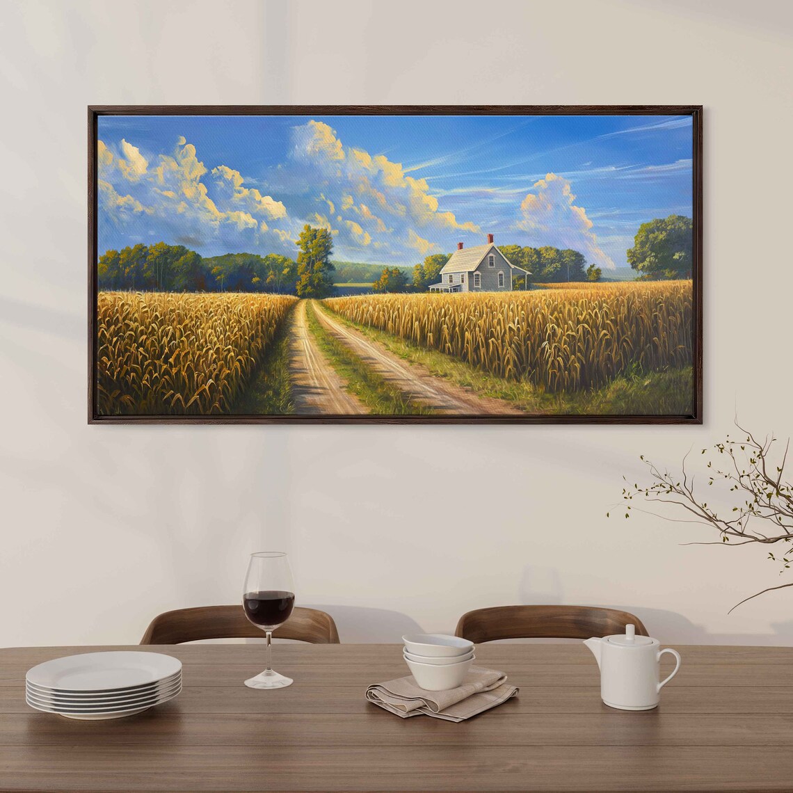 Golden Wheat Field Farmhouse Dirt Road Dramatic Cloudy Sky Painting - Image 3