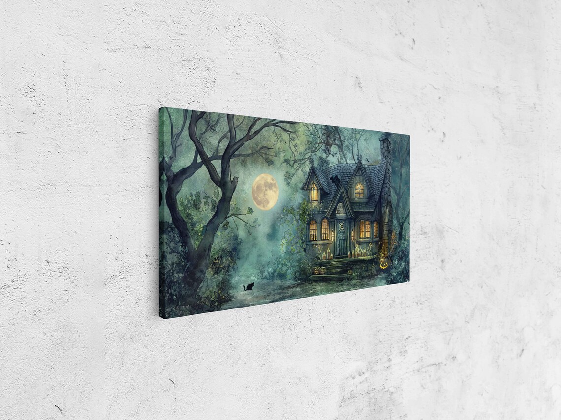 Haunted Stone Cottage In Moonlit Woods With Black Cats And Jack O Lanterns Poster - Image 4