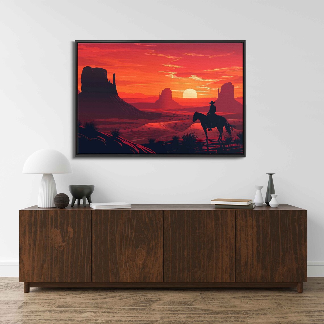 Cowboy Riding Horse Desert Sunset Red Rock Mesas Western Art Poster