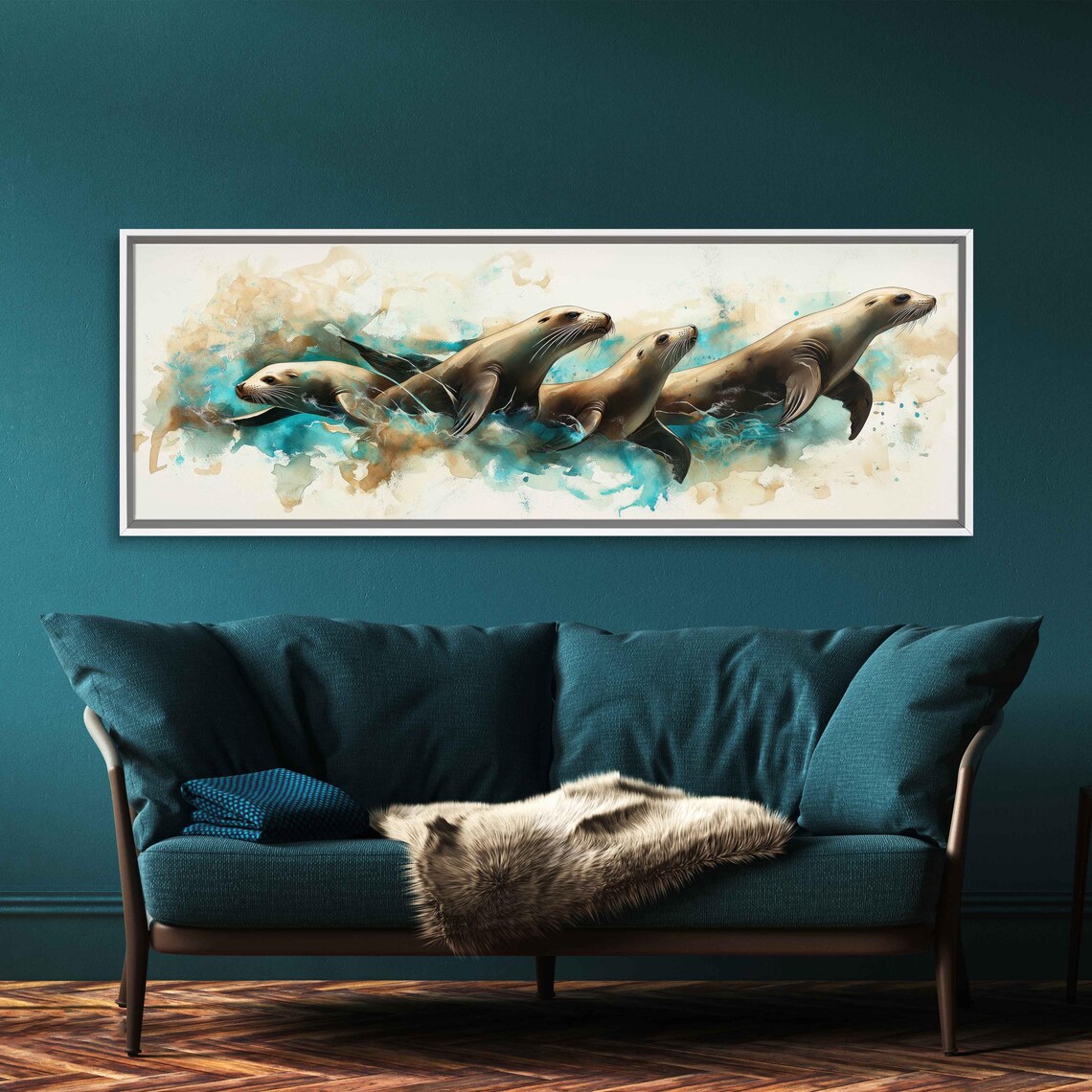 Four Seals Swimming Turquoise Water Watercolor Panoramic Art Print
