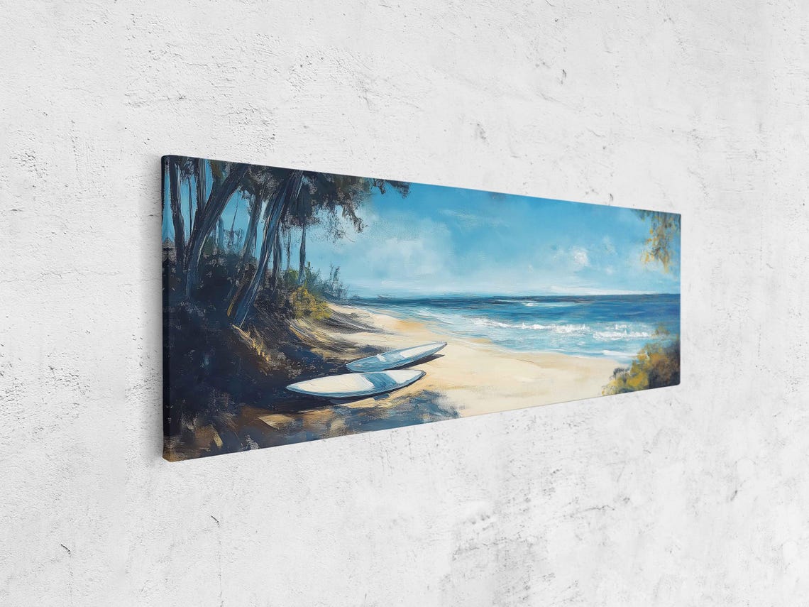 Surfboards Resting On Sandy White Beach Wall Art Print Gift For Surfer Blue Water Ocean Painting Palm Trees Ready To Hang - Image 4