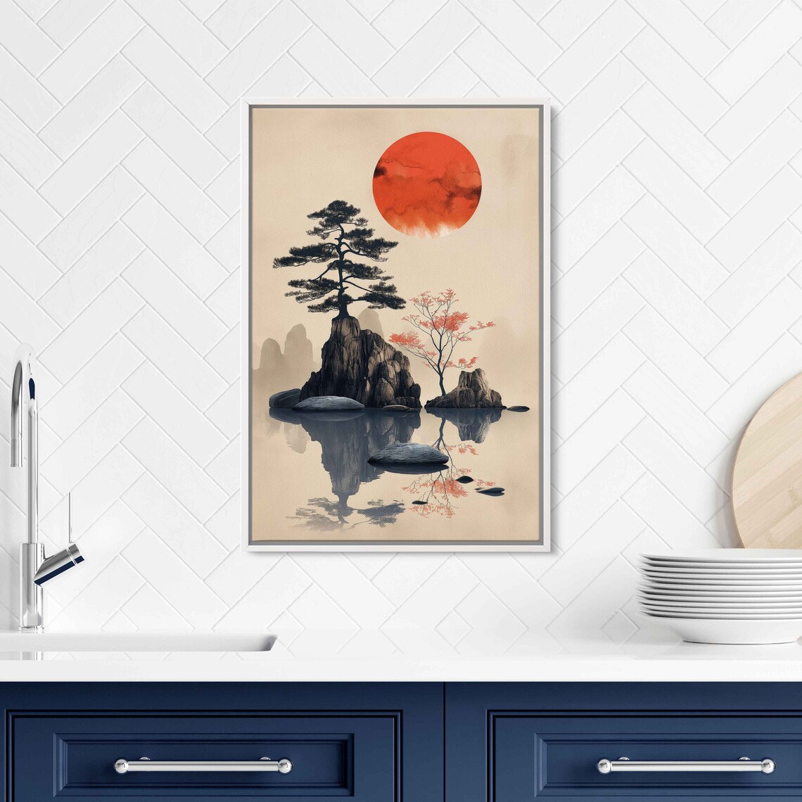 Japanese Red Sun Pine Tree Stepping Stones Ink Style Serene Asian Art Poster - Image 2