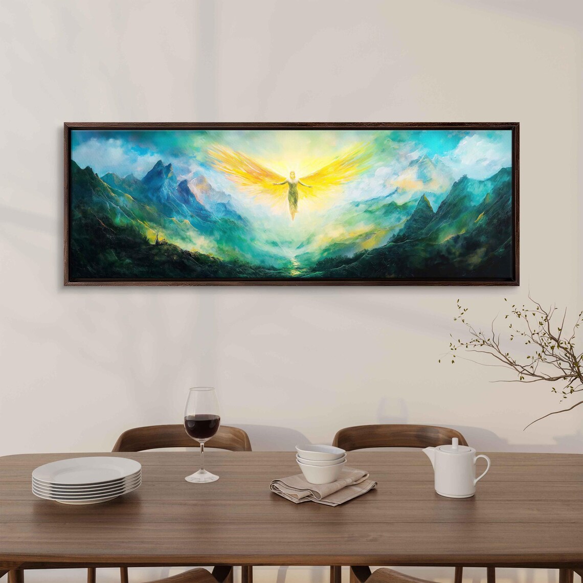 Angel Descending Towards Earth Wall Art Print Golden Light Majestic Mountains - Image 3