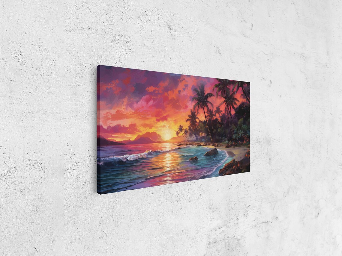 Colorful Neon Beach Sunset Oil Painting Art Print - Image 4