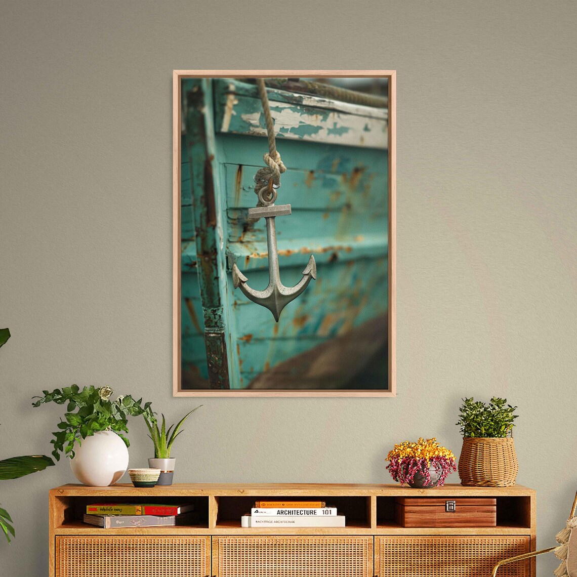 Silver Anchor Hanging On Rope Against Weathered Teal Boat Hull Poster - Image 3