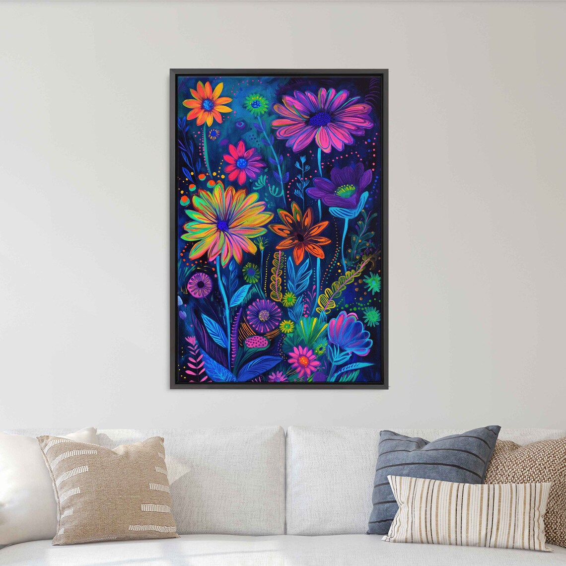 Neon Wildflowers Night Garden Colorful Daisies Painting Poster