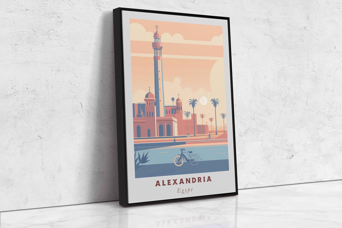 Alexandria Egypt Mosque Minaret Palms Waterfront Travel Poster - Image 2