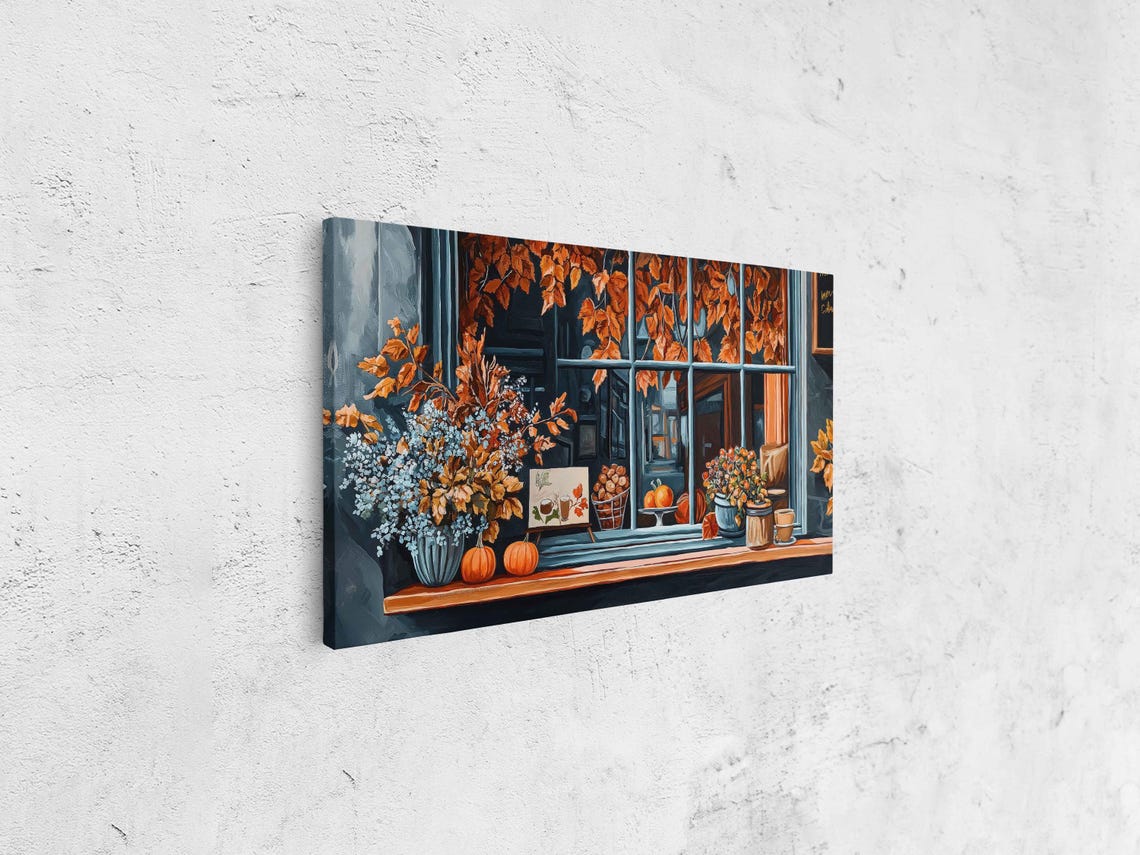 Autumn Cafe Window With Pumpkins And Coffee Painting Art Print - Image 4