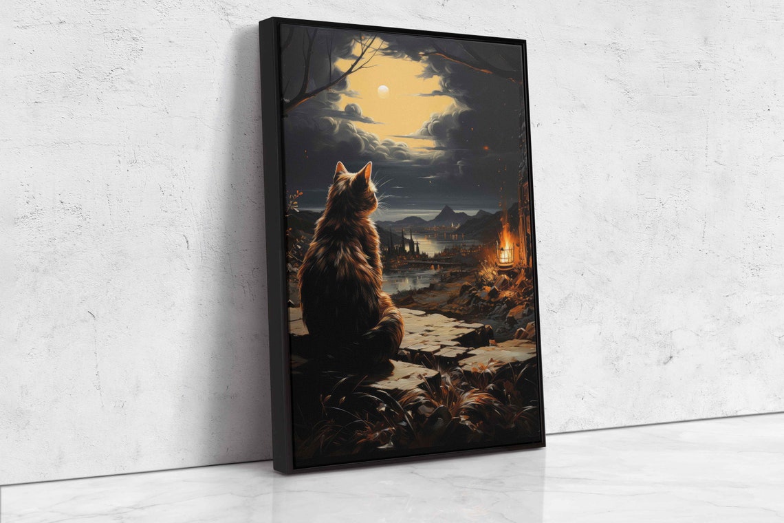 Long Haired Cat Gazing At Moonlit Coastal Town Night Painting Wall Art - Image 4