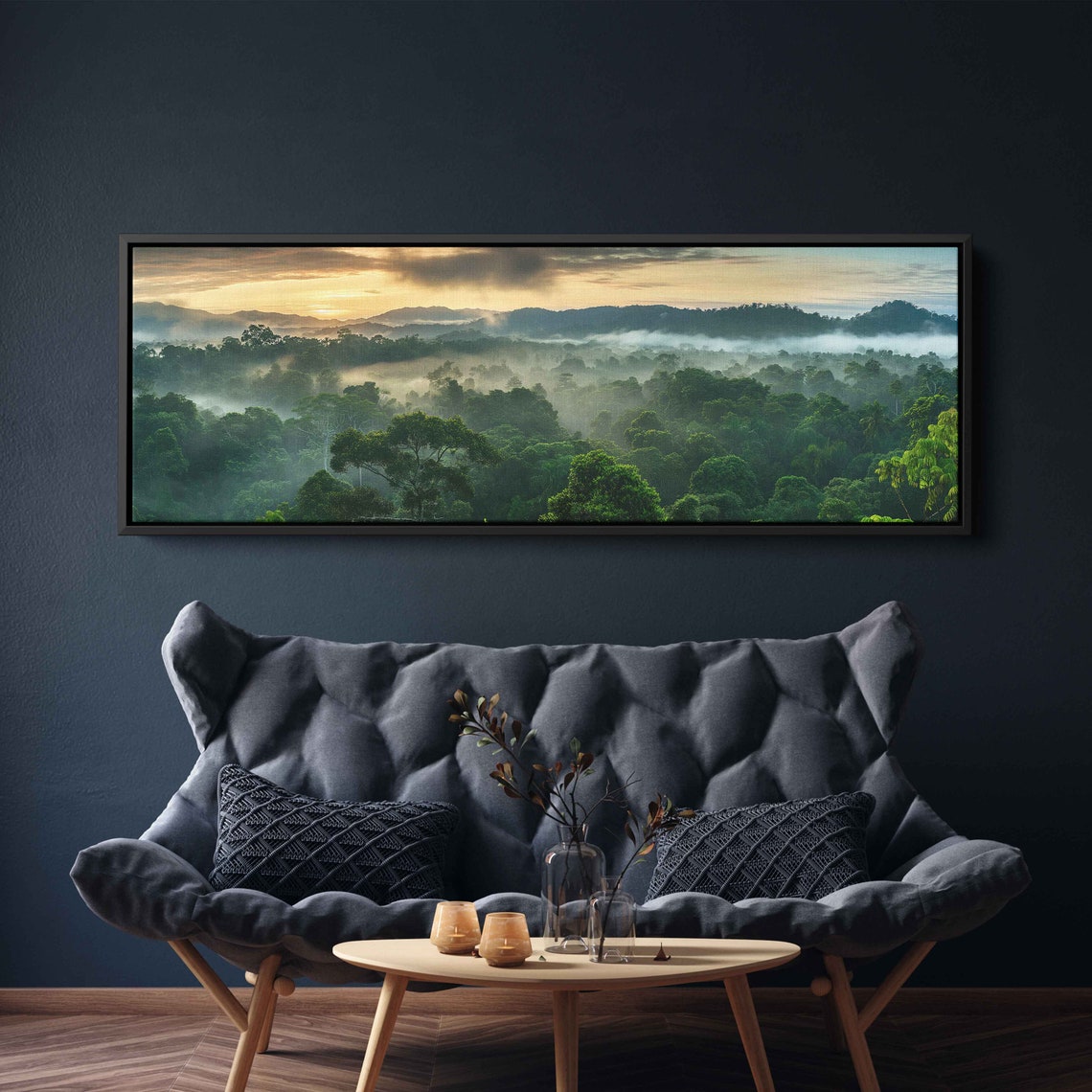 Soft Dawn Mist Over Lush Green Rainforest Canopy Valley Poster