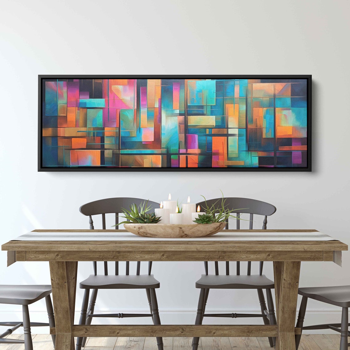 Panoramic Colorful Geometric Abstract Painting Framed Print Ready To Hang Office Decor Living Room Decor Statement Piece
