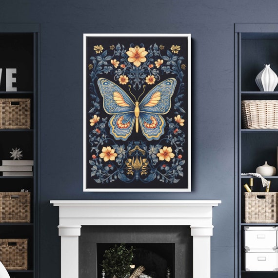 Embroidery Floral Butterfly Wall Art Print Colorful Flower Vines Butterfly Lover Ready To Hang