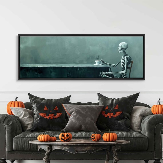 Skeleton Having A Cup Of Tea Minimalist Dark Green Panoramic Print