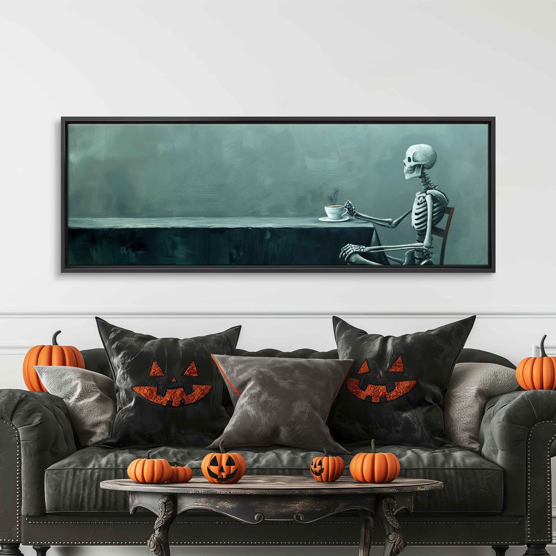 Skeleton Having A Cup Of Tea Minimalist Dark Green Panoramic Print