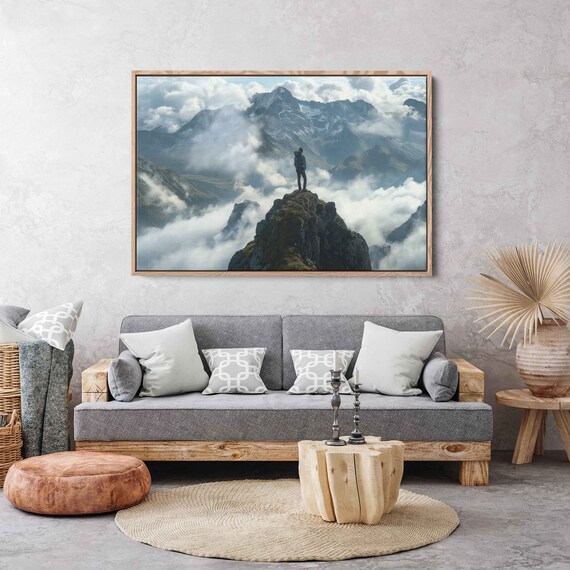 Swiss Alps Aerial Photo Misty Mountains Hiker On Top Of Peak Wall Art Print Ready To Hang