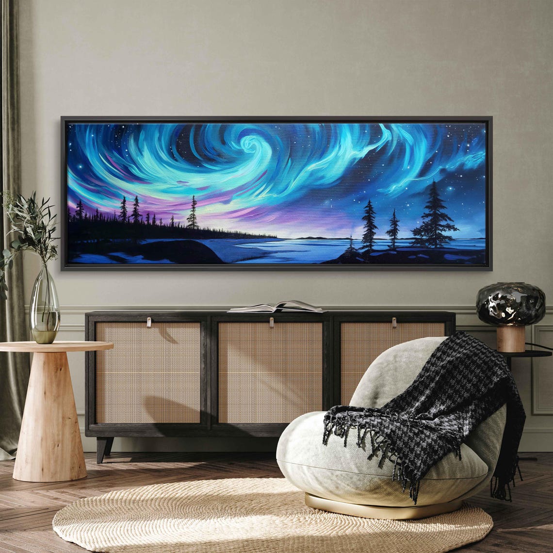 Teal Aurora Swirls Over Night River And Pine Trees Panoramic Poster