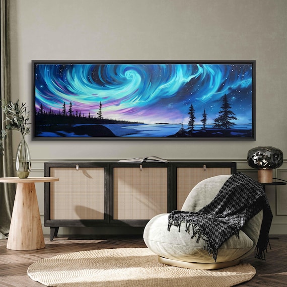 Teal Aurora Swirls Over Night River And Pine Trees Panoramic Poster