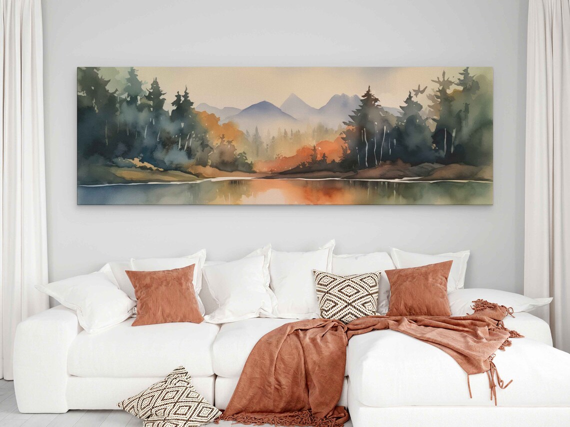 Misty Forest Lake Autumn Mountains Watercolor Panoramic Wall Poster - Image 2