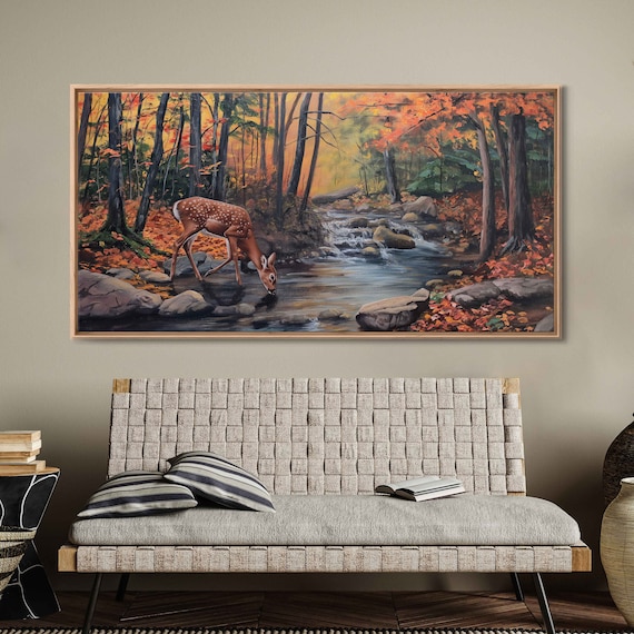 Deer Drinking From Forest Stream In Autumn Woods Painting Poster