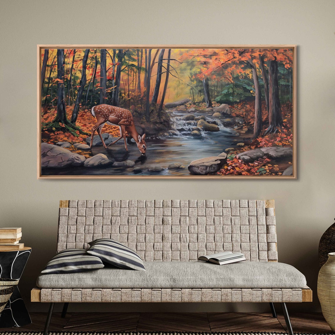 Deer Drinking From Forest Stream In Autumn Woods Painting Poster