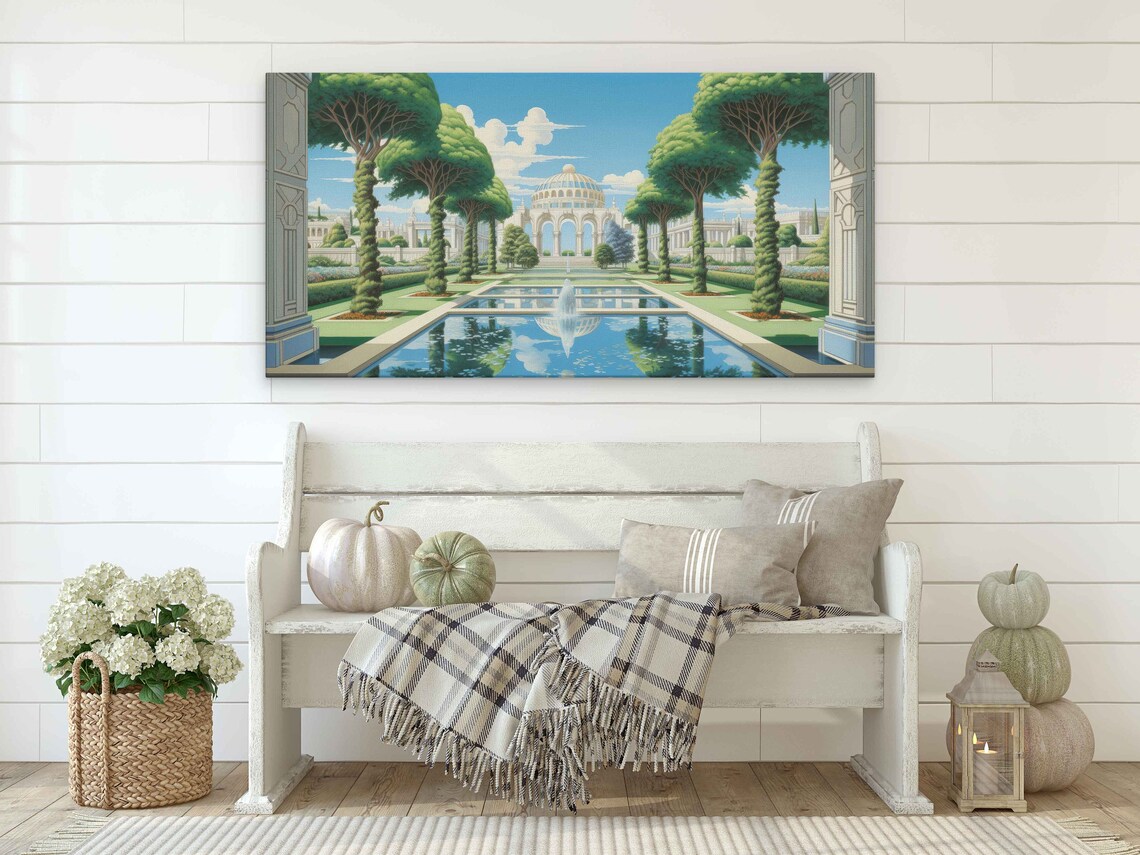 Art Deco Ponds Walk Wall Art Print Tree Lined Reflection Pond Gazebo Ready To Hang - Image 2