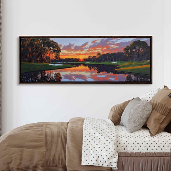 Bay Hill Club Landscape Wall Art Print Vibrant Sunset Water Reflection Golf Course Art
