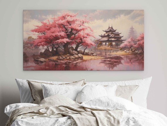 Pink Cherry Tree Blossoms On A Bright Sunny Day Oil Painting Japenese Building In Background Print On Ready To Hang