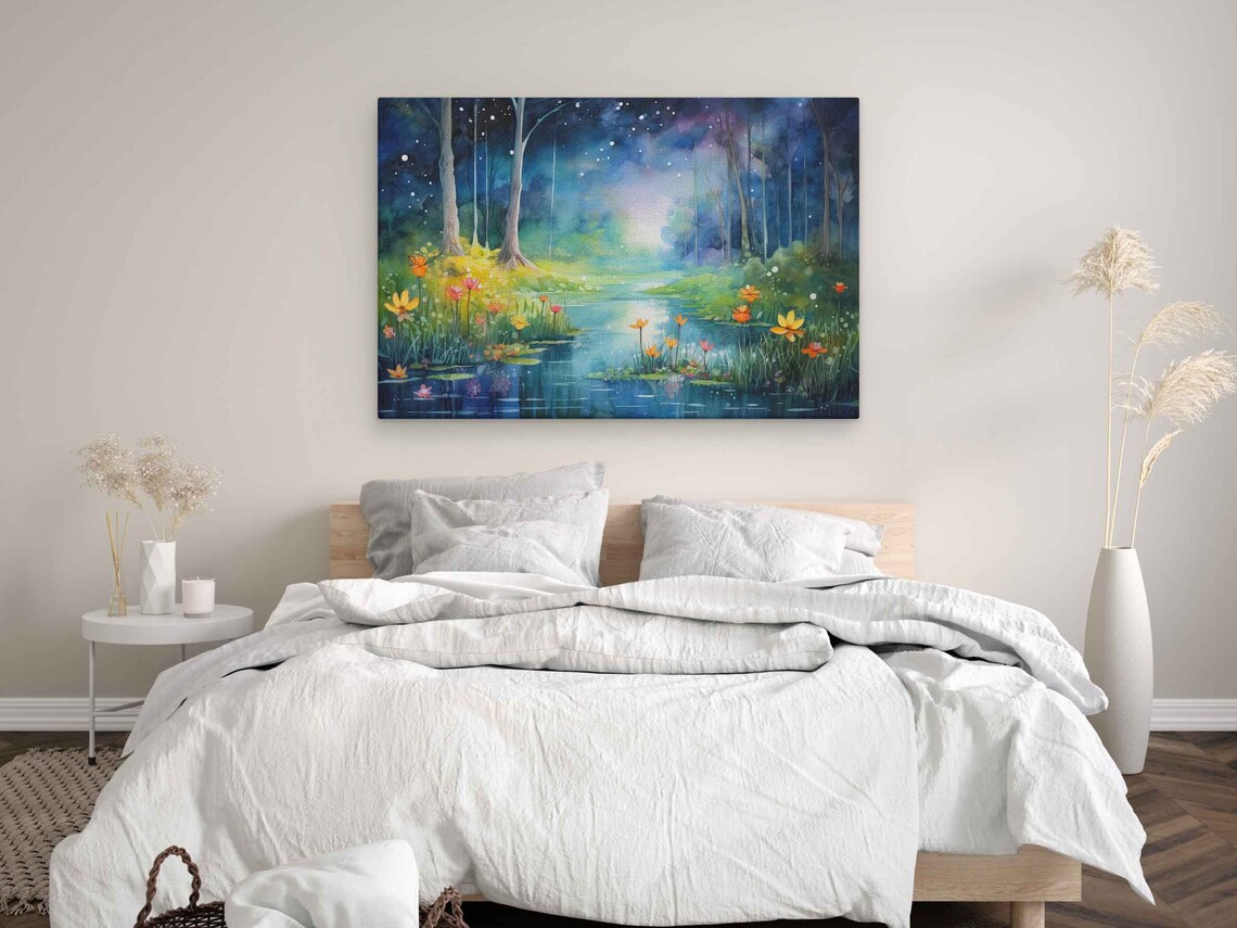 Watercolor Whimsical Pond In Forest Print On Ready To Hang Housewarming Gift Beautiful Bright Colors - Image 3