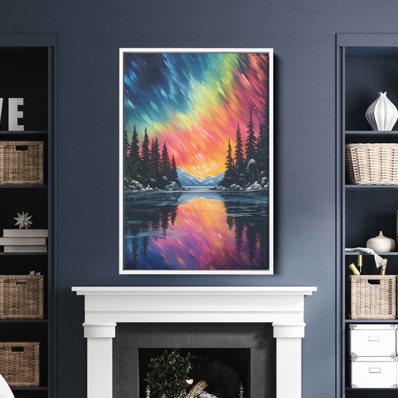 Aurora Borealis Alaska Landscape Acrylic Painting Framed Print Ready To Hang Modern Oil Painting Office Decor Colorful Neon Sky