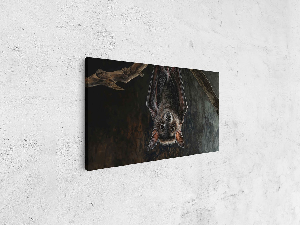 Vampire Bat Hanging Upside Down Branch Close Up Wildlife Wall Art - Image 4