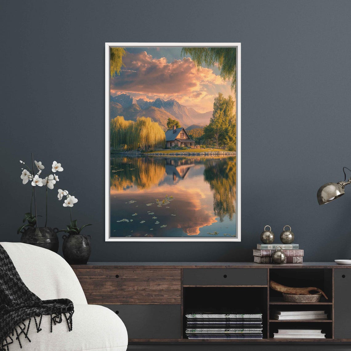 Tranquil Cottage By Lake Surrrounded By Weeping Willow Trees Wall Art Print Cloudy Mountain Range Ready To Hang - Image 3