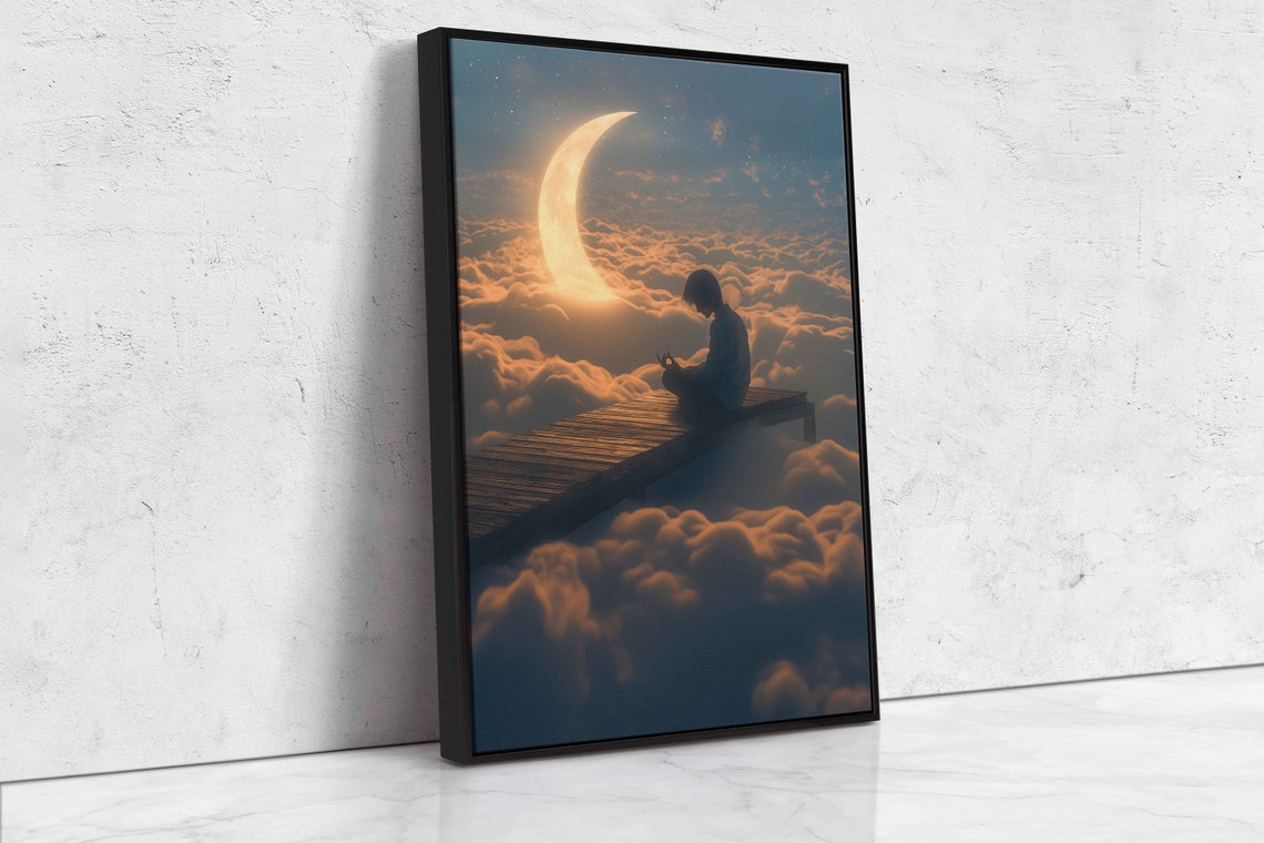Man Sitting On Bridge With Crescent Moon Above Clouds Hyperrealism Photo Wall Art Print Impressionism Ready To Hang - Image 4