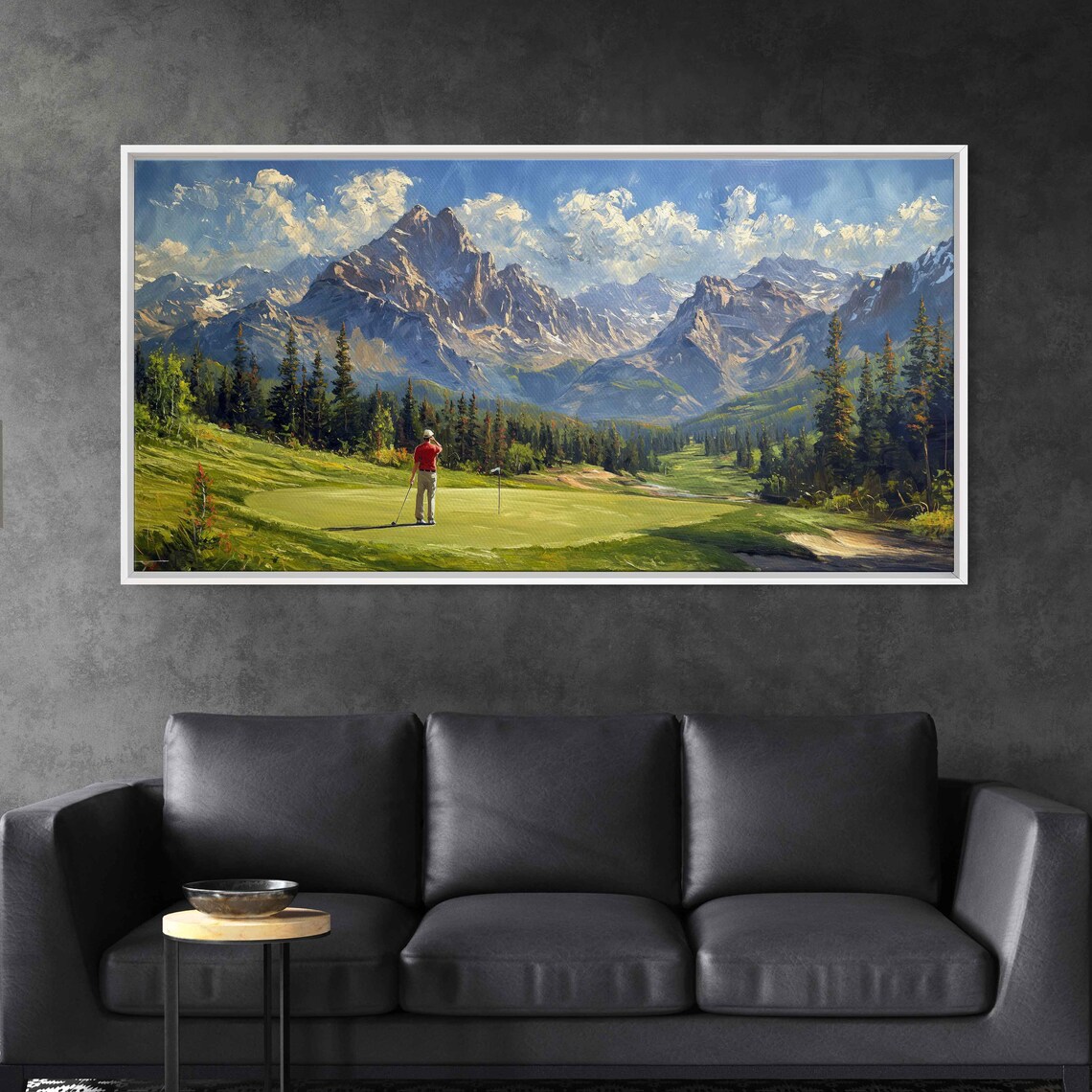 Golfer On Green With Majestice Mountain Range Wall Art Print Gift For Golfer Golf Course Pine Tree Forest Ready To Hang - Image 3