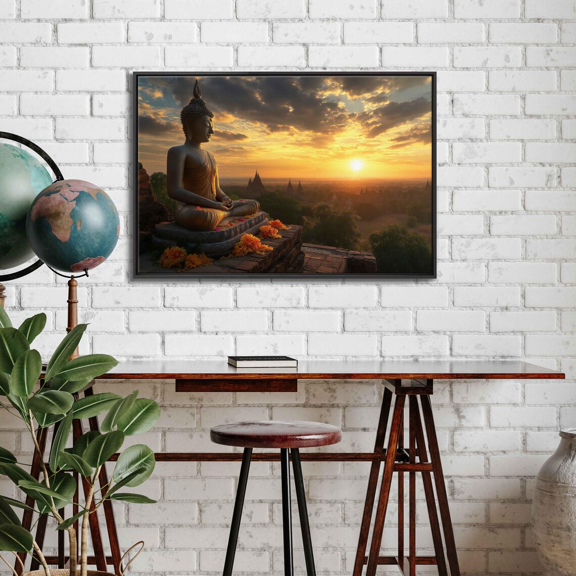 Ancient Buddhist Statue, Dramatic Sunset Art Print