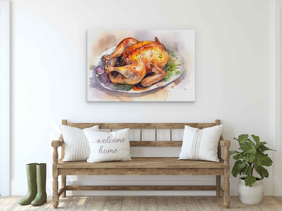 Roasted Chicken On Platter Watercolor Painting Kitchen Wall Art Poster - Image 2