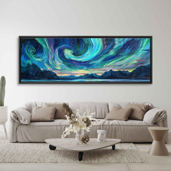 Teal Aurora Borealis Swirls Over Mountain Lake Pastel Horizon Wall Poster