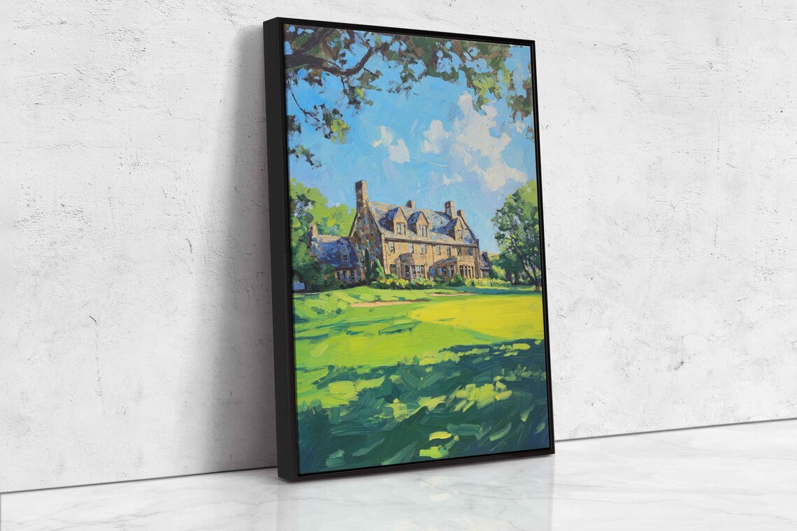 Historic Stone Clubhouse Over Manicured Lawn Sunny Day Golf Poster - Image 4