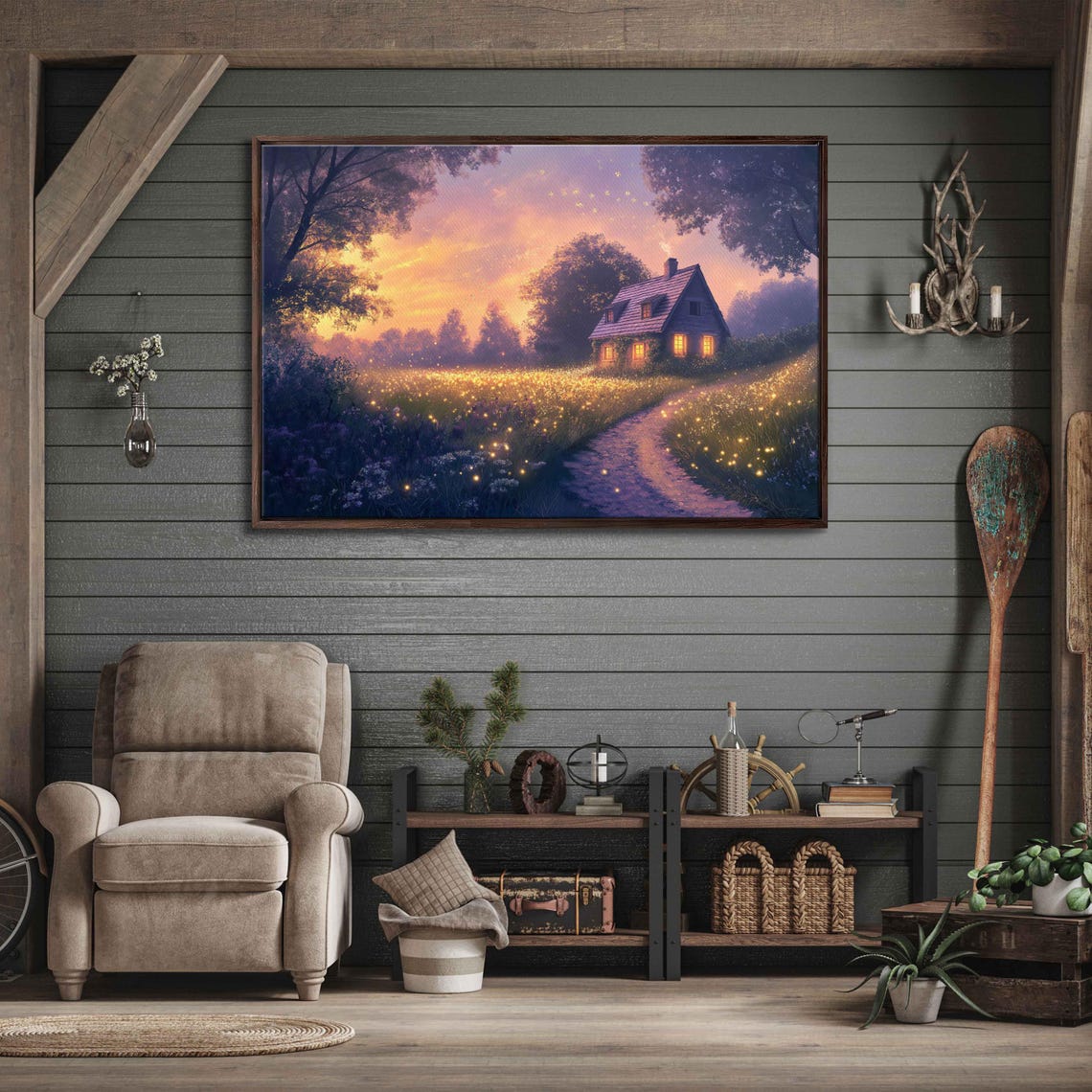 Cozy Cottage at Twilight Surrounded by Glowing Fireflies Poster - Image 3