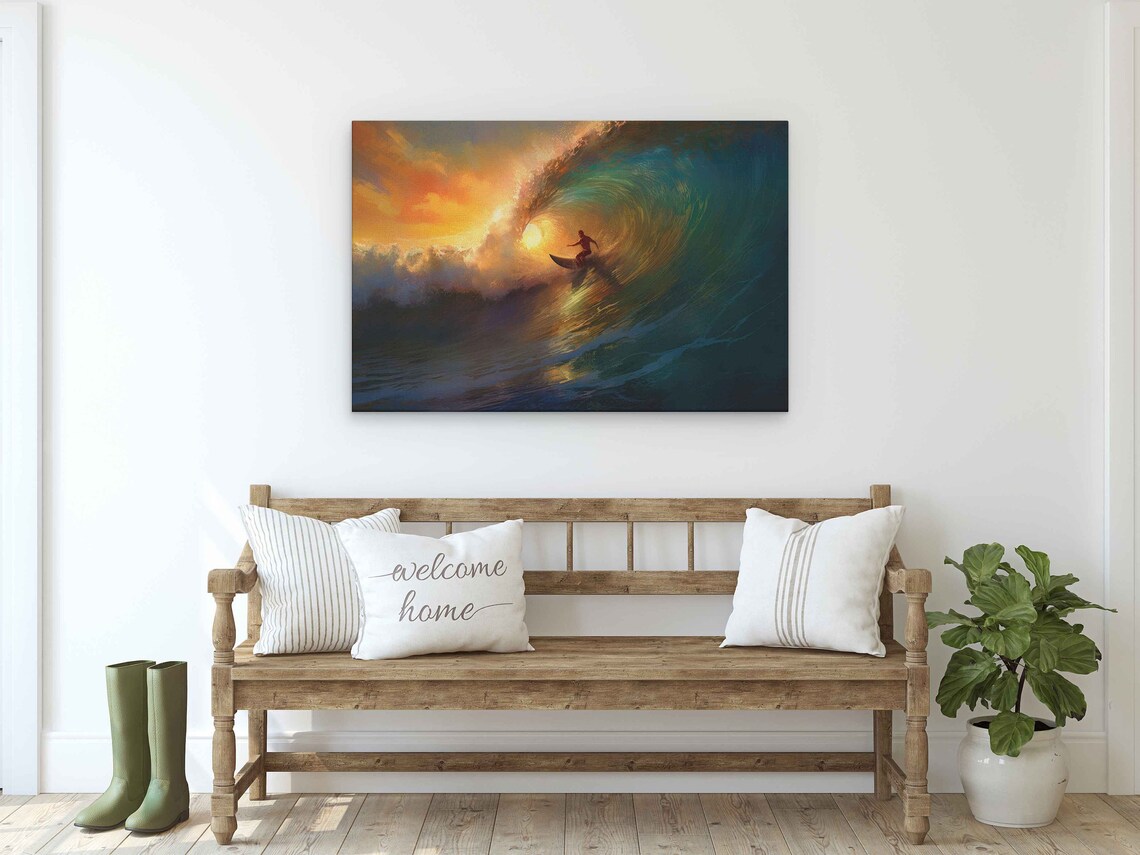 Surfing a Big Wave, Oil Painting Wall Art Print - Image 2