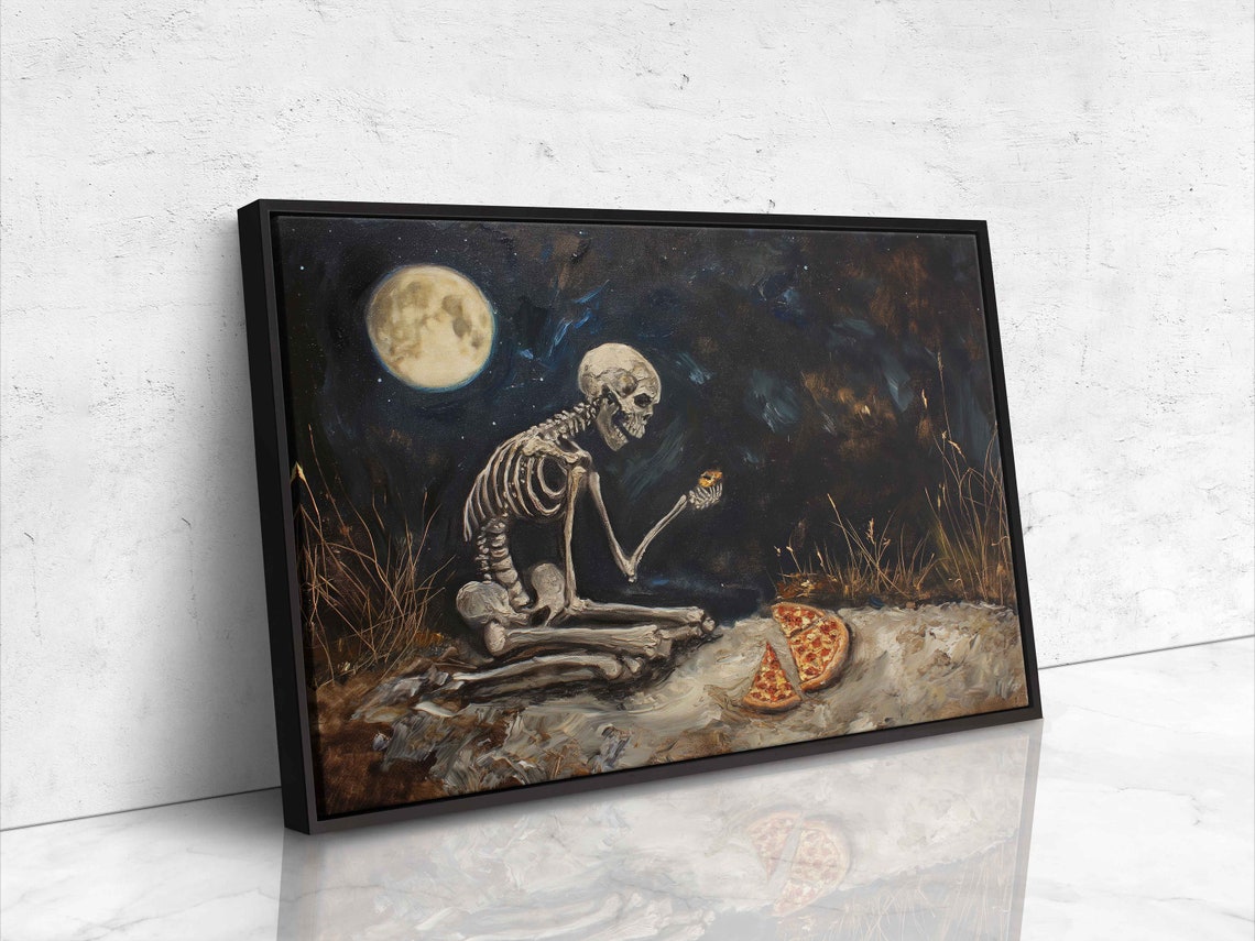 Skeleton Eating Pizza Under Full Moon Spooky Oil Painting Print - Image 4