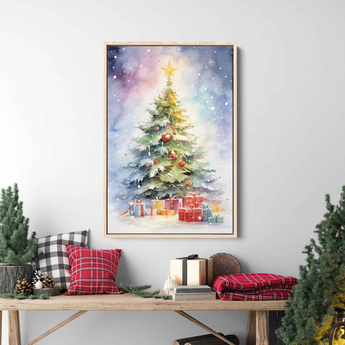 Cozy Watercolor Christmas Tree Gold Star Gifts Holiday Poster