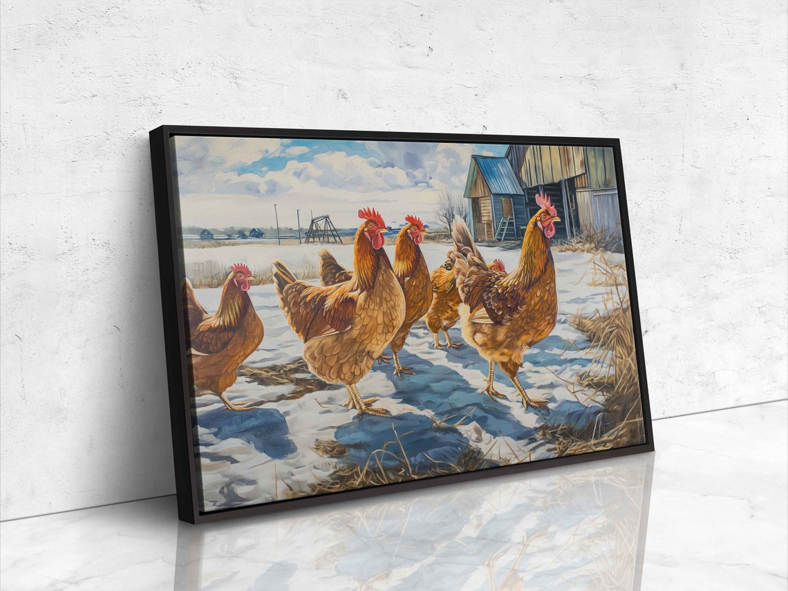 Brown Hens Walking Snowy Farmyard Winter Scene Rustic Barn Poster - Image 4