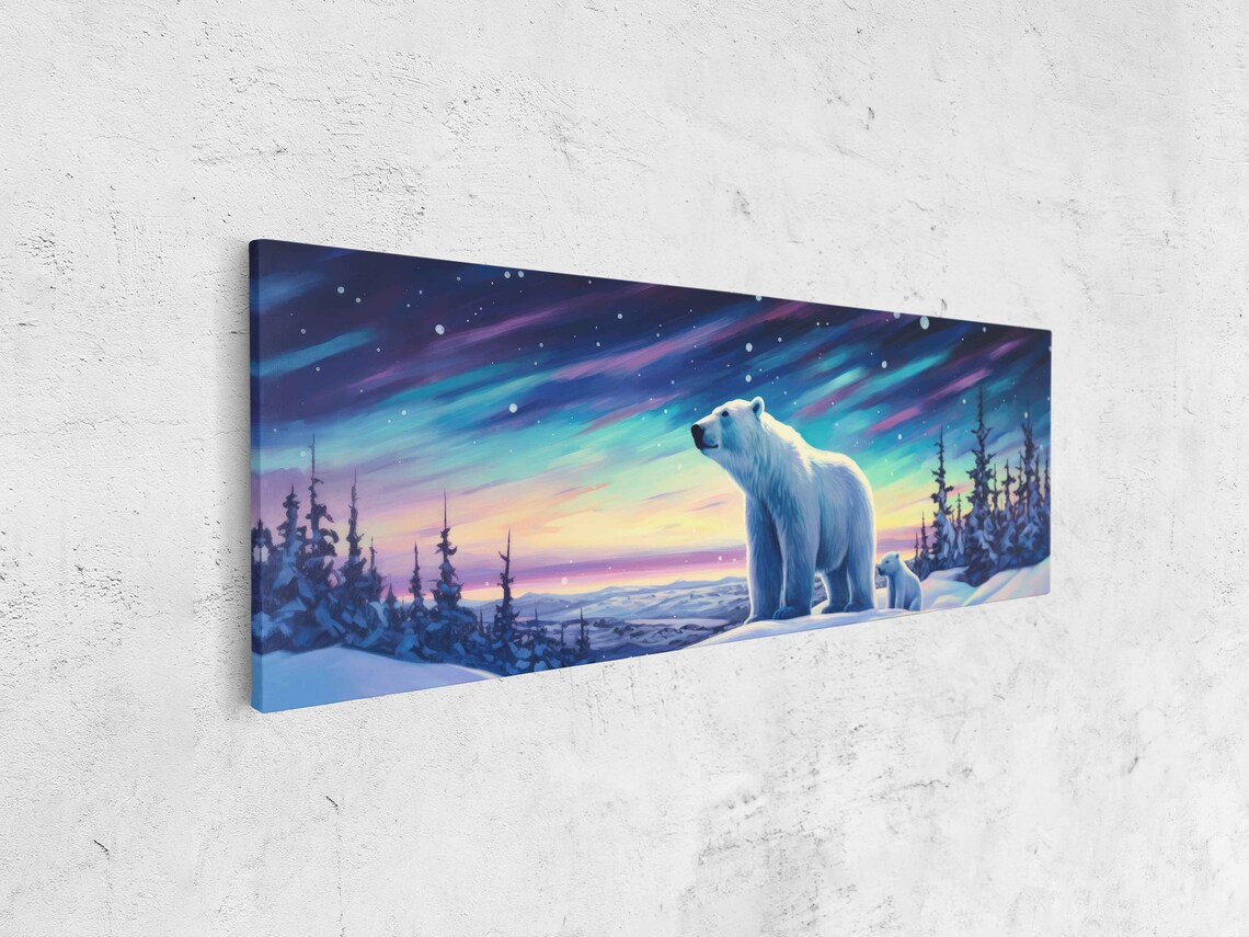 Mama Polar Bear and Cub Aurora Night Sky Snowy Forest Panoramic Art Poster - Image 4