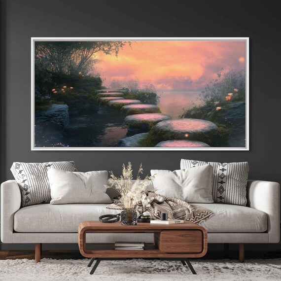 Mystical Floating Stepping Stones Wall Art Print Coral Sunset Scene Glowing Moss Fantasy Vibe