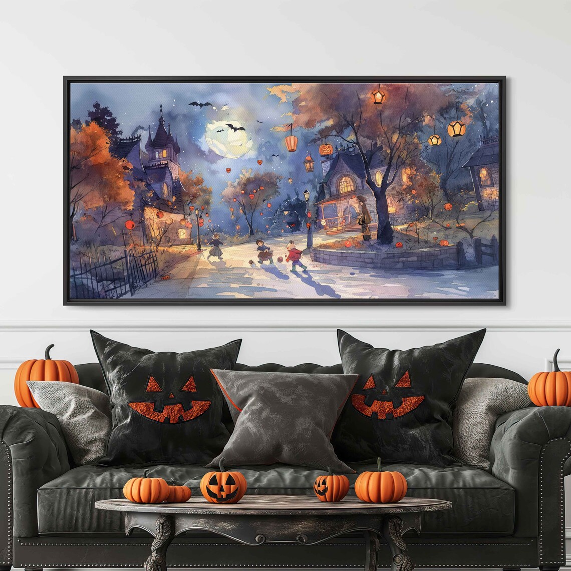 Halloween Night Village Square With Kids Lanterns Bats And Full Moon Wall Art - Image 3