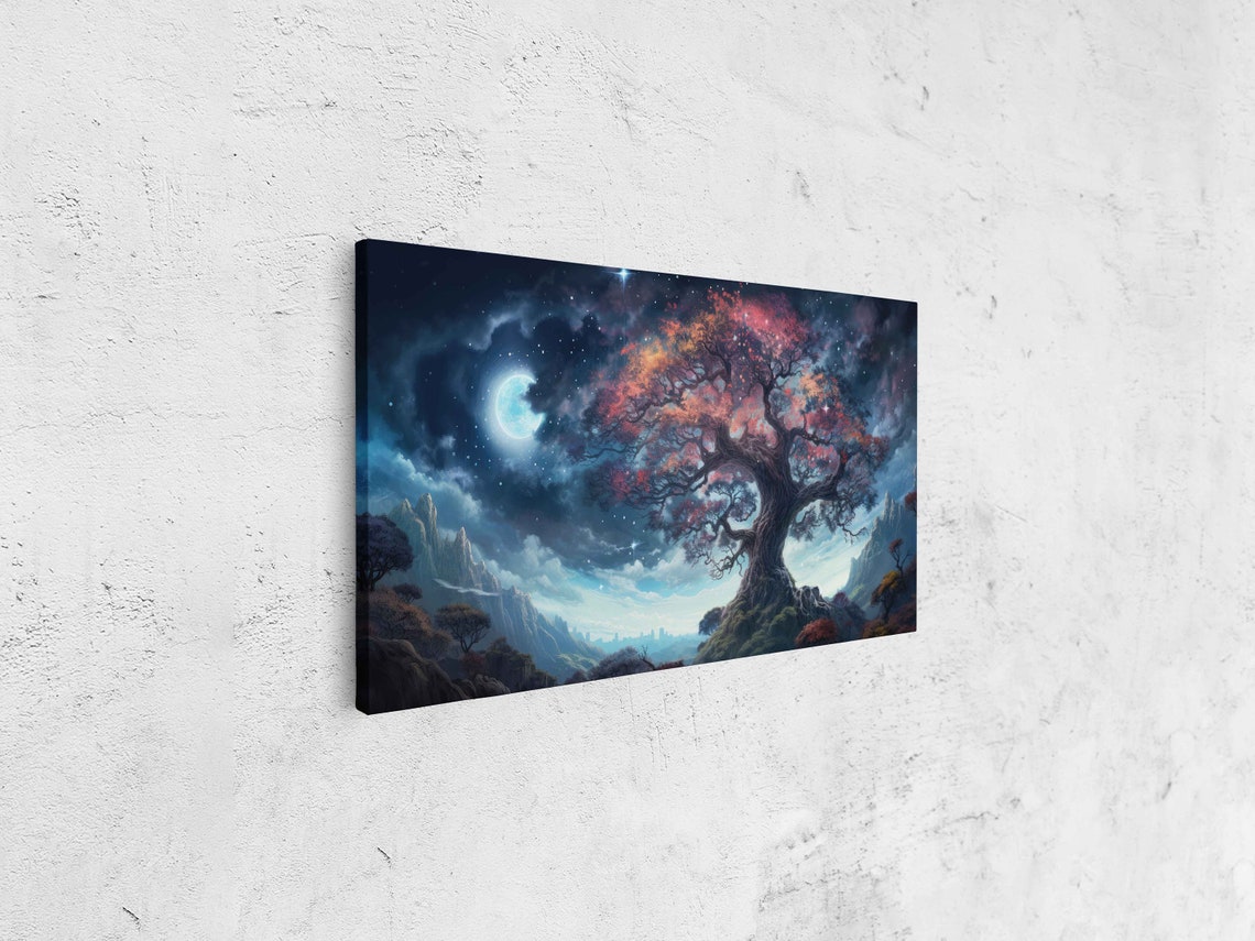 Magical Night Tree Pink Blossoms Moon Mountains Fantasy Wall Poster - Image 4