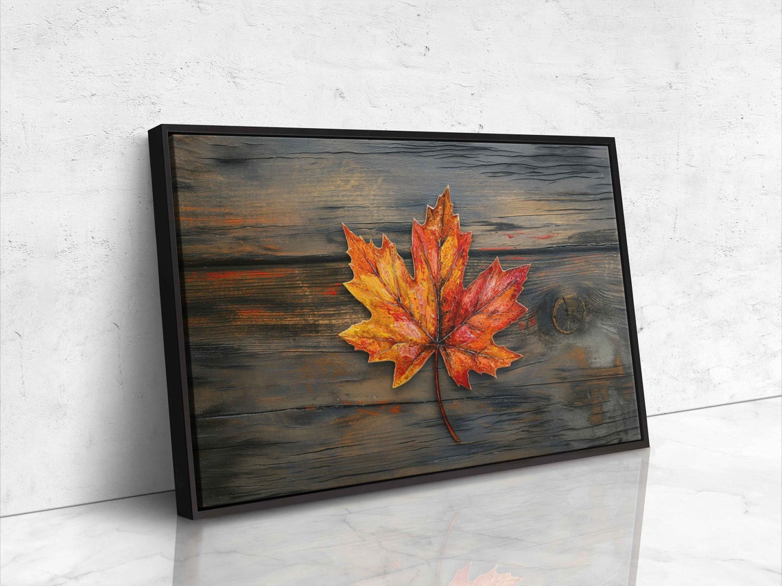 Single Maple Leaf On Dark Rustic Painted Wood Fall Decor Art Poster - Image 4