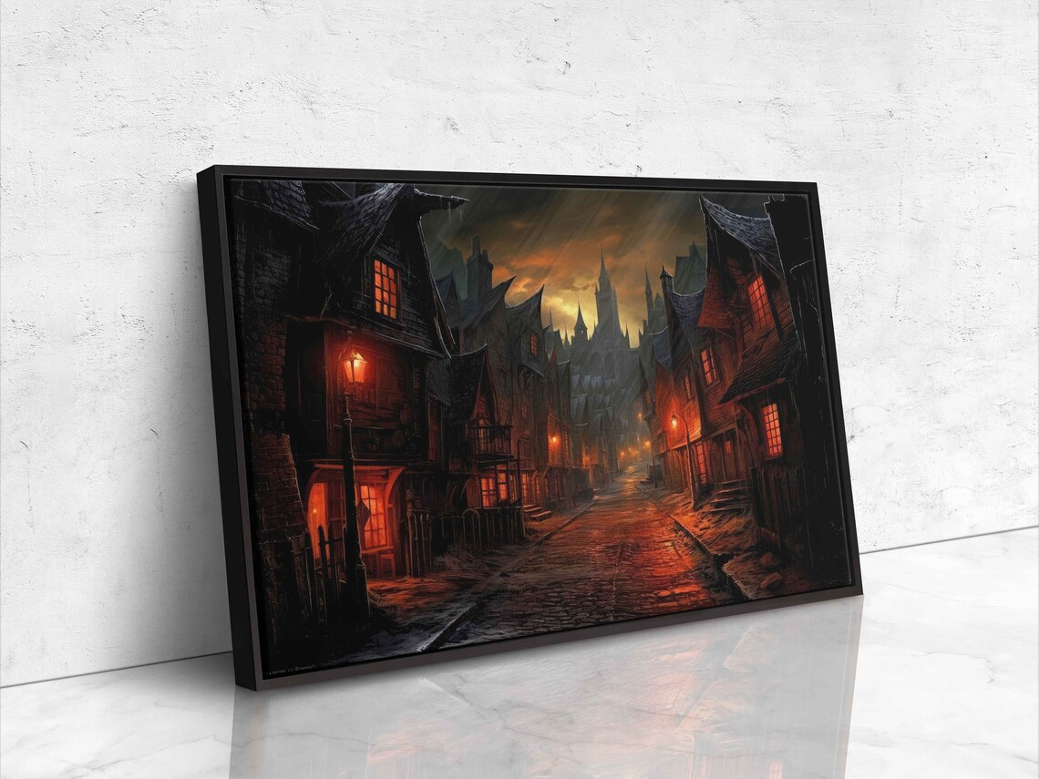 Spooky Haunted Old Town Night Street Gothic Castle Lantern Light Poster - Image 4